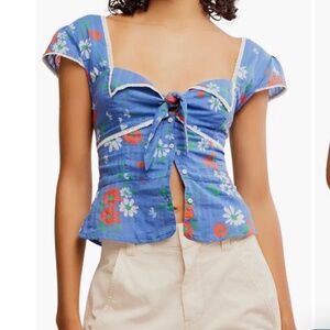 Freepeople Blue Daisy Tie Front and Button Top